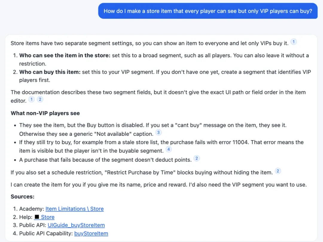 AI 工作区中的产品问题：如何创建一个所有玩家可见、但只有 VIP 玩家可购买的商城物品，逐步解答并附带帮助页面链接
