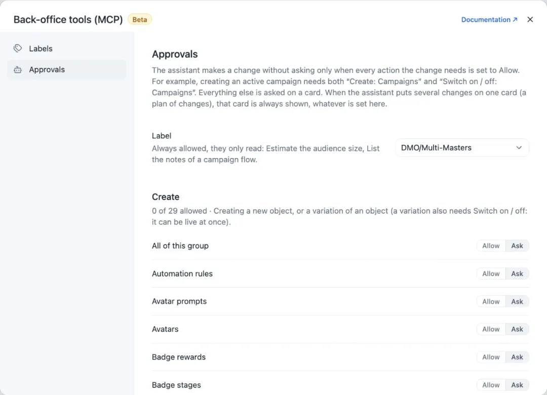AI 工作区中的 MCP Approvals 窗口:针对每类对象的创建、修改、启用和停用以及执行操作,选择 Allow 或 Ask