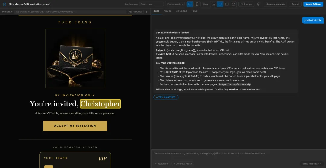 A VIP invitation, changed message by message