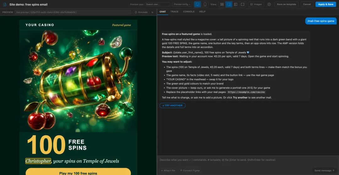 A free spins email with the player's name filled in