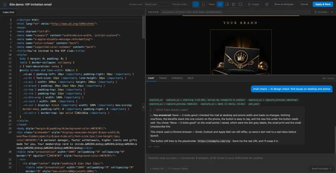Mail-safe HTML next to the live preview