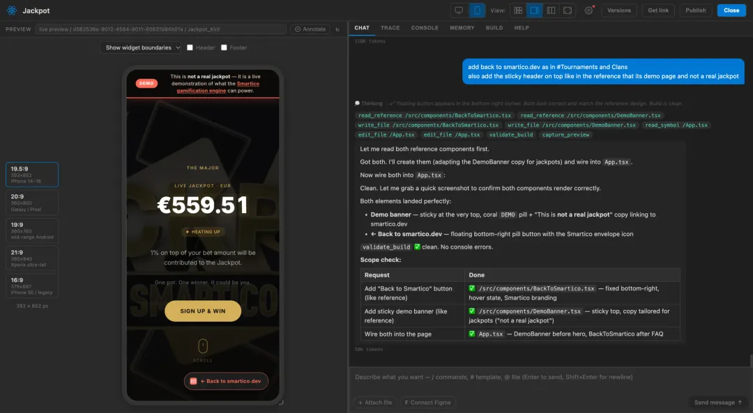 A jackpot landing in the mobile preview, with device presets