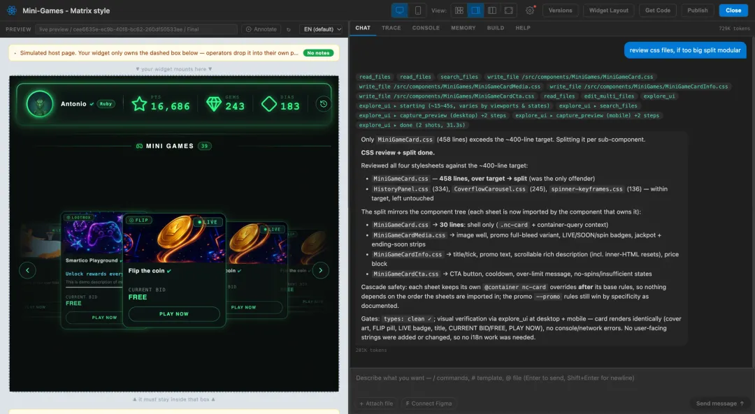 A mini-games lobby widget on a simulated host page
