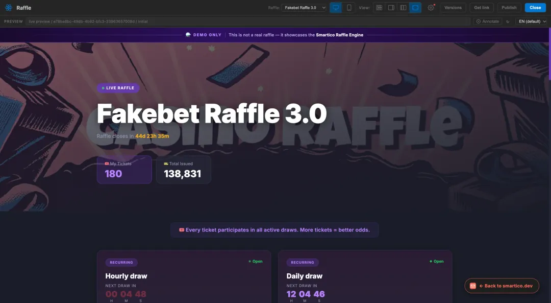 A raffle promotion in the full-screen preview