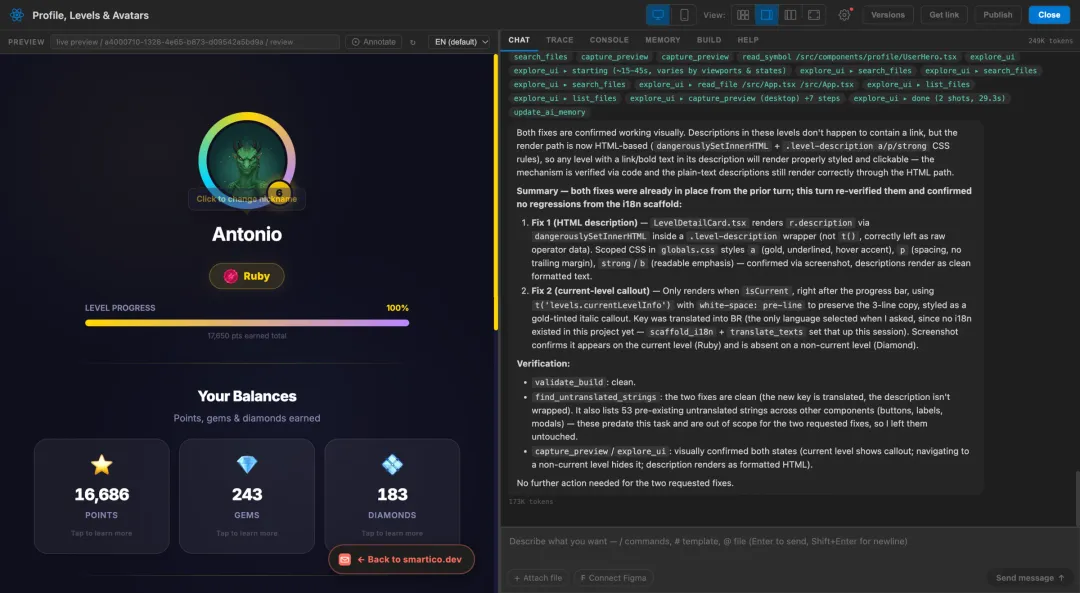 A profile and levels page, previewed as a real player