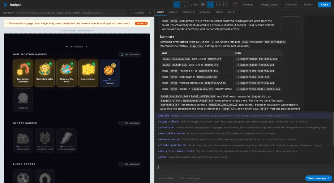 Slash commands: /verify, /translate, /widget-check and more