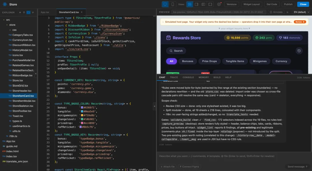 Files, code, live preview and AI chat side by side